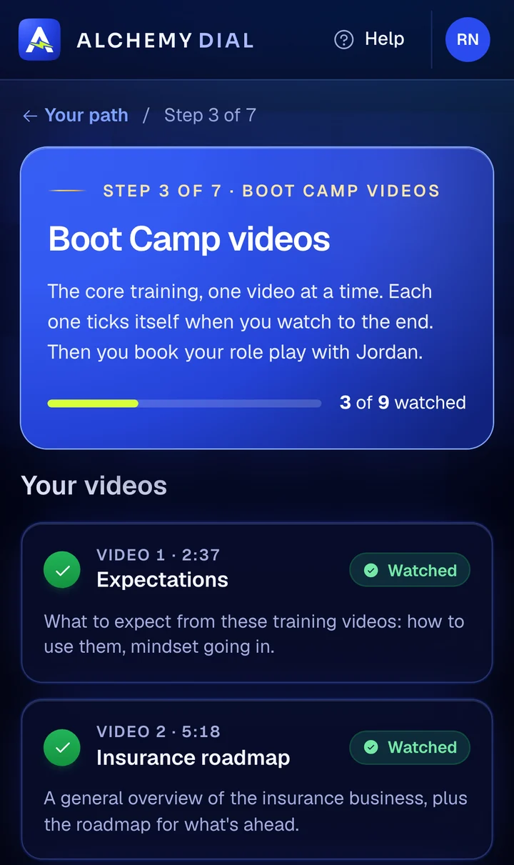 Boot Camp videos on a phone: 3 of 9 watched, with Expectations and Insurance roadmap ticked.