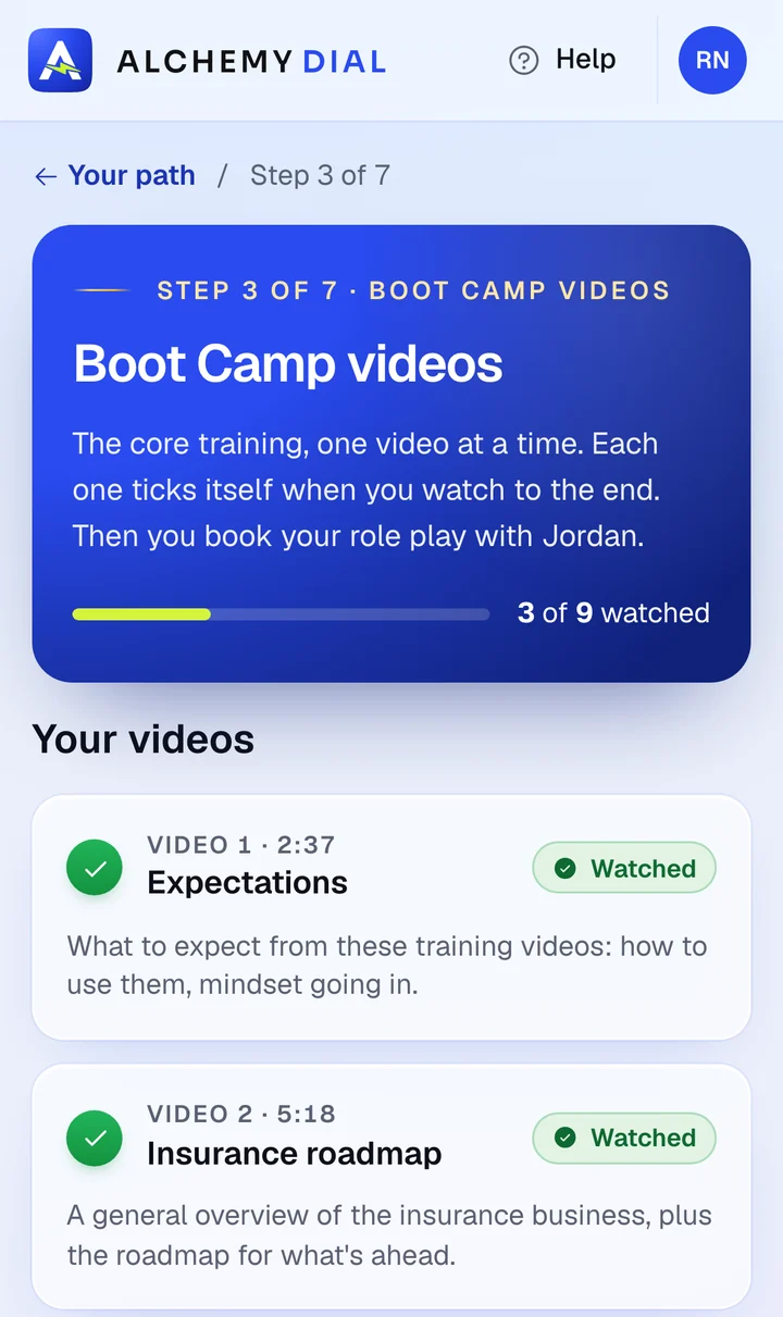 Boot Camp videos on a phone: 3 of 9 watched, with Expectations and Insurance roadmap ticked.