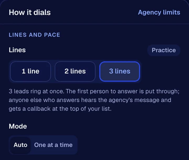 How it dials: choose 1 line, 2 lines or 3 lines, and Auto or one at a time.