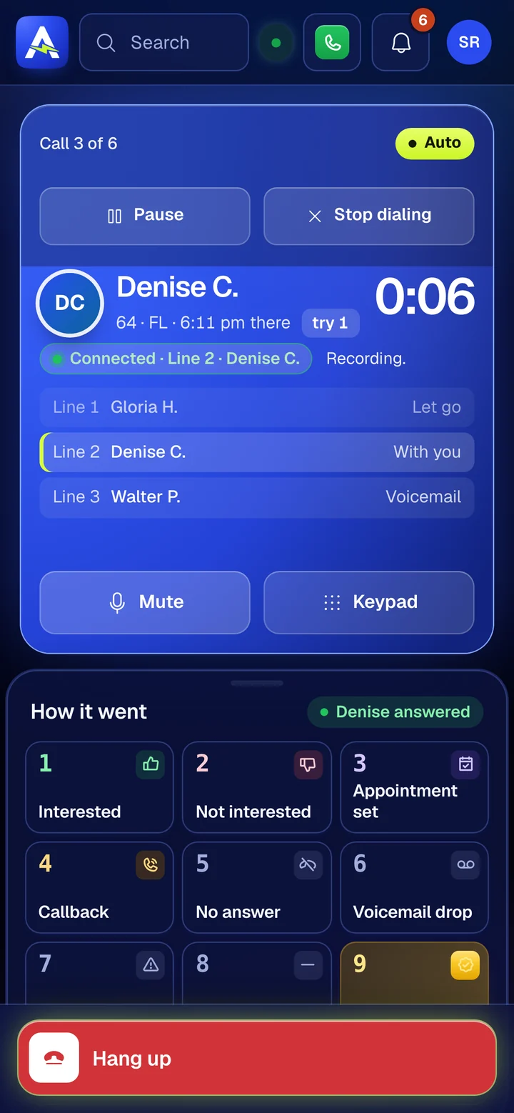 The same 3-line session on a phone, with Denise C. connected on line 2.