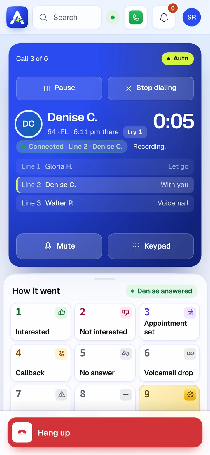 The same 3-line session on a phone, with Denise C. connected on line 2.