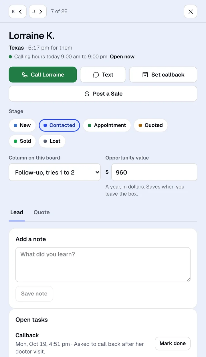 A contact opened beside the board: Lorraine K. in Texas, Call, Text and Set callback buttons, stage chips and her open callback task.